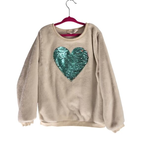 H&M Girls Sequin Embellished Heart Cozy Fleece Crew Neck Sweater Cream Size 6X/7 - Picture 3 of 6